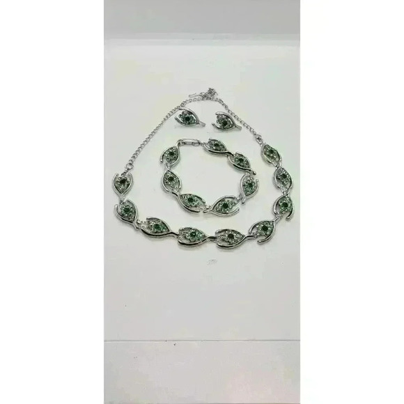 Vintage good luck Necklace Bracelet Earrings Set Silver Wishbone Rhinestone - Picture 11 of 11